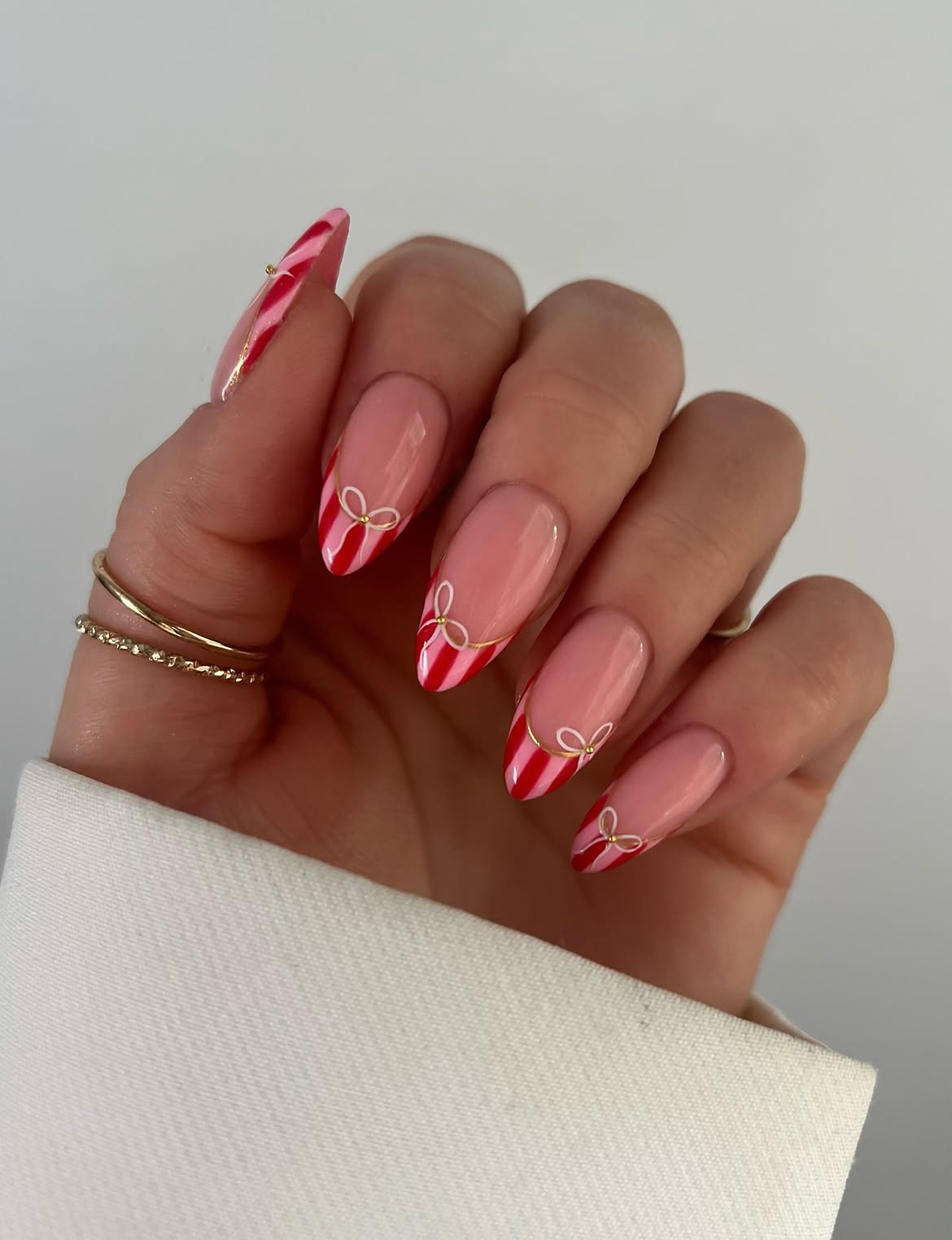 Candy Cane French Bow Almond Nails