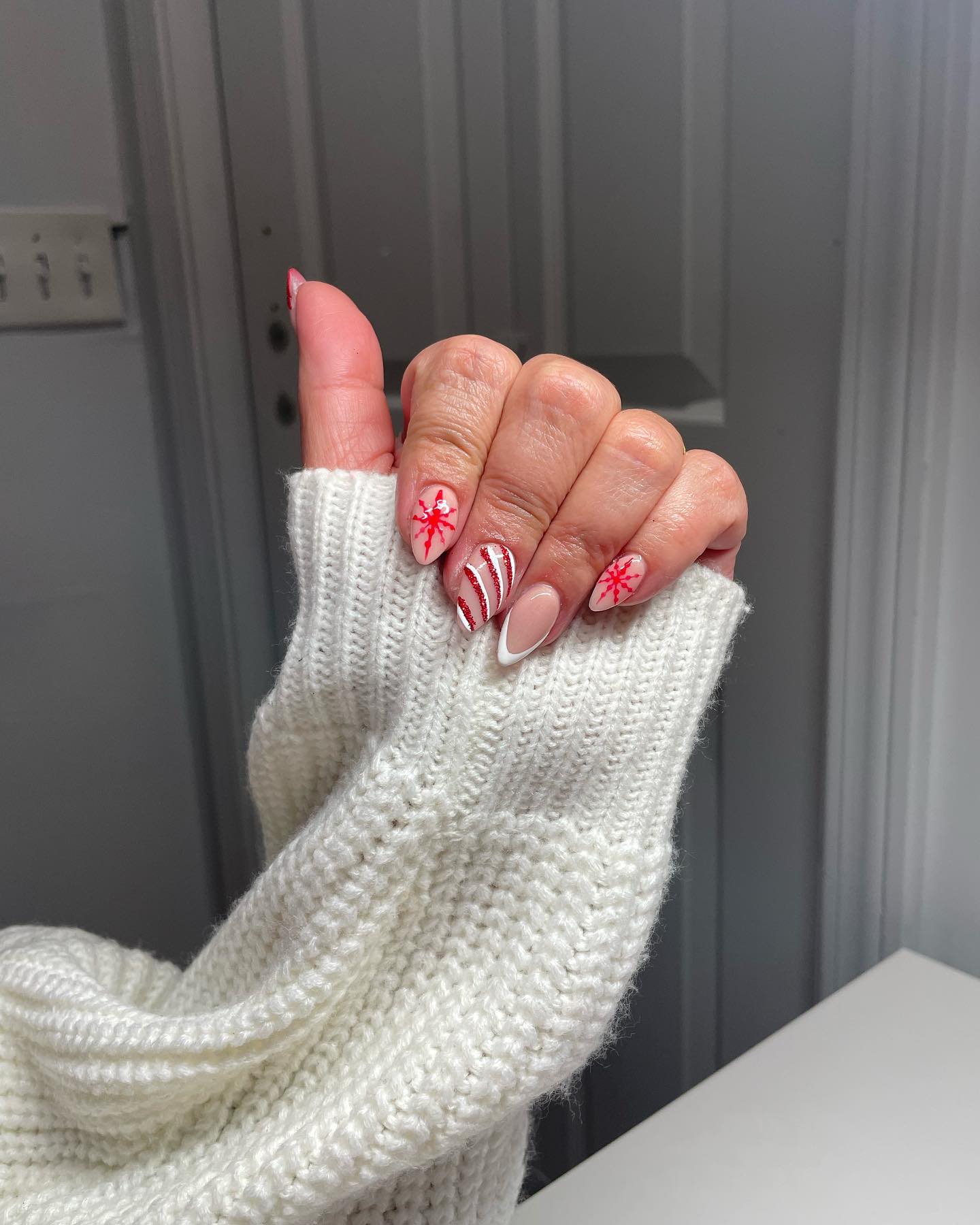 Candy Cane French Tip Almond Nails