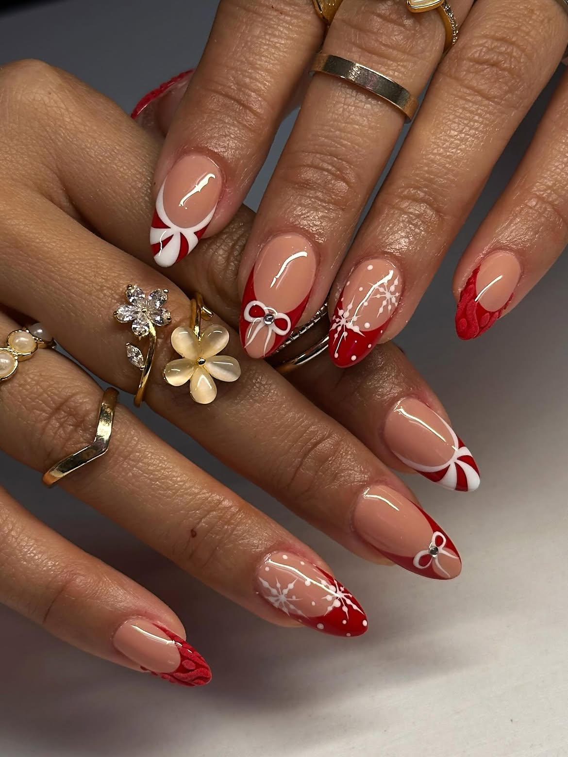 Candy Cane French Tip Christmas Almond Nails