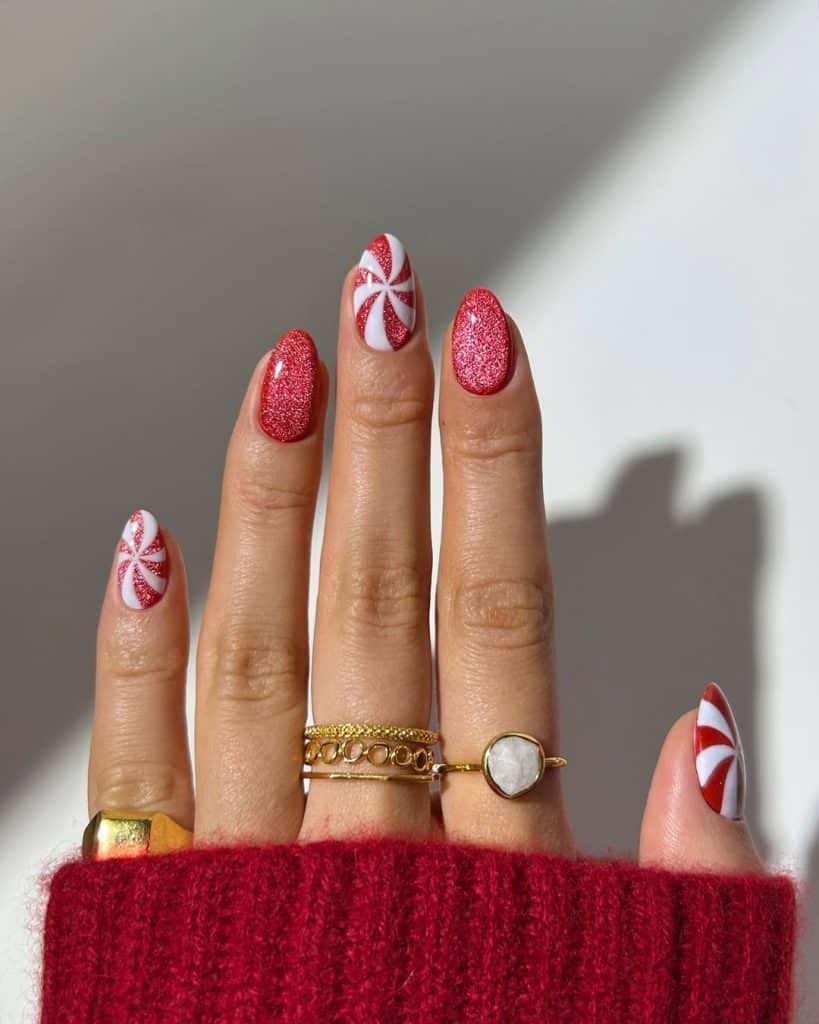 Medium Oval Swirl and Glitter Candy Cane Nails, Close-Up Take Medium Oval Swirl and Glitter Candy Cane Nails, Close-Up Take