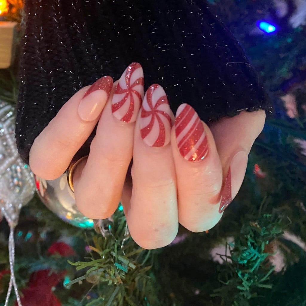 Medium Almond Swirl and Glitter Tip Nails Medium Almond Swirl and Glitter Tip Nails — Candy Cane Nails