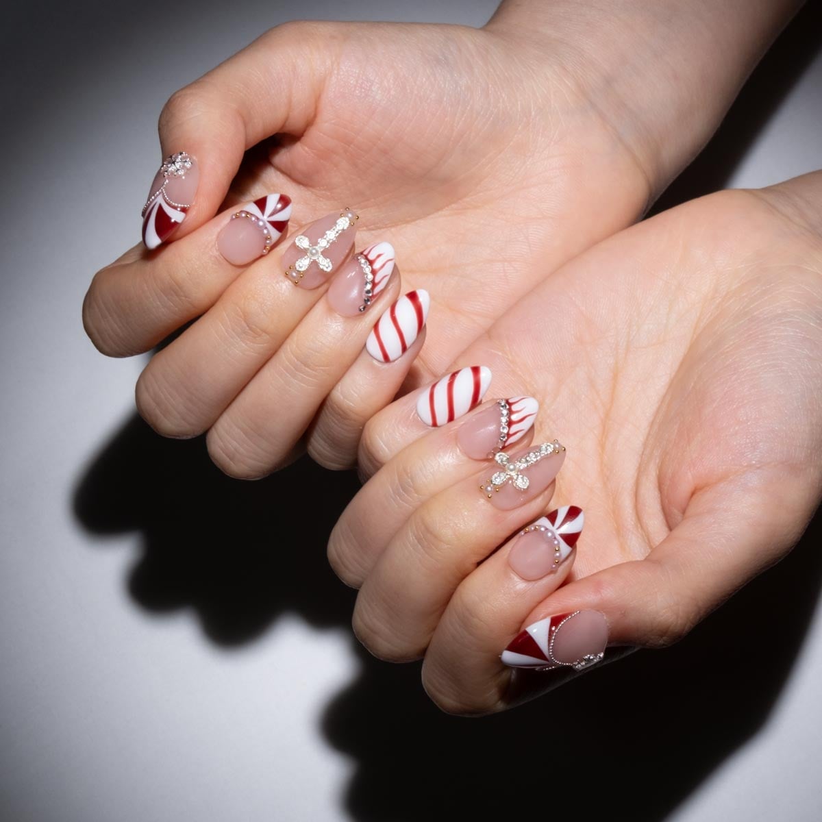 Nude Base Medium Almond Candy Cane Cross Nails, Glossy Nude Base Medium Almond Candy Cane Cross Nails, Glossy — Candy Cane Nails