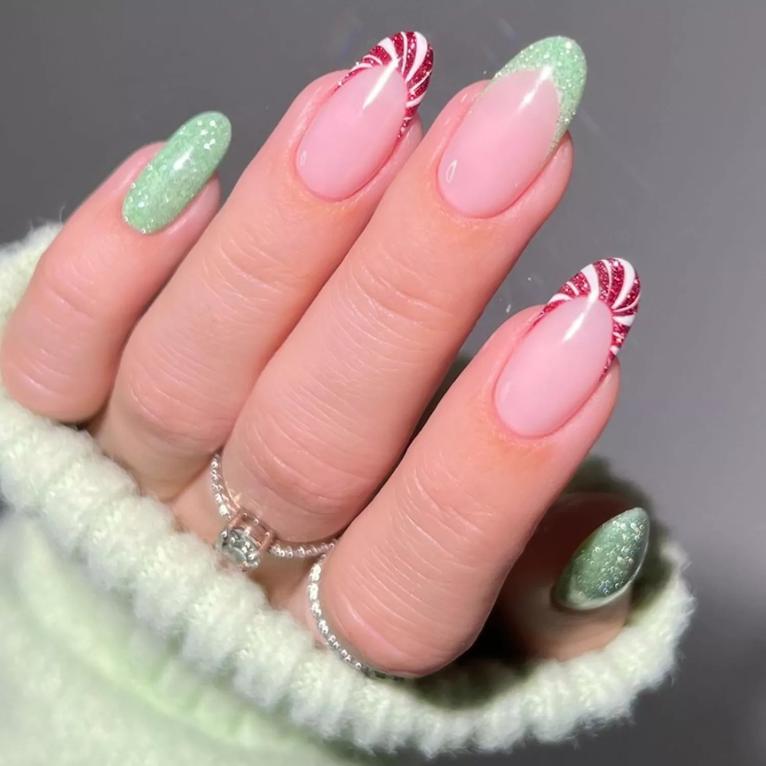 Pale Pink French Tip Mint Green Glitter Nails Pale Pink French Tip Mint Green Glitter Nails — Candy Cane Nails