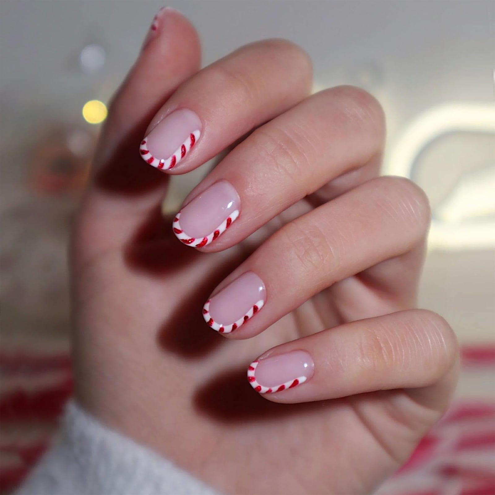 Short Almond Candy Cane French Twist Nails Short Almond Candy Cane French Twist Nails — Candy Cane Nails