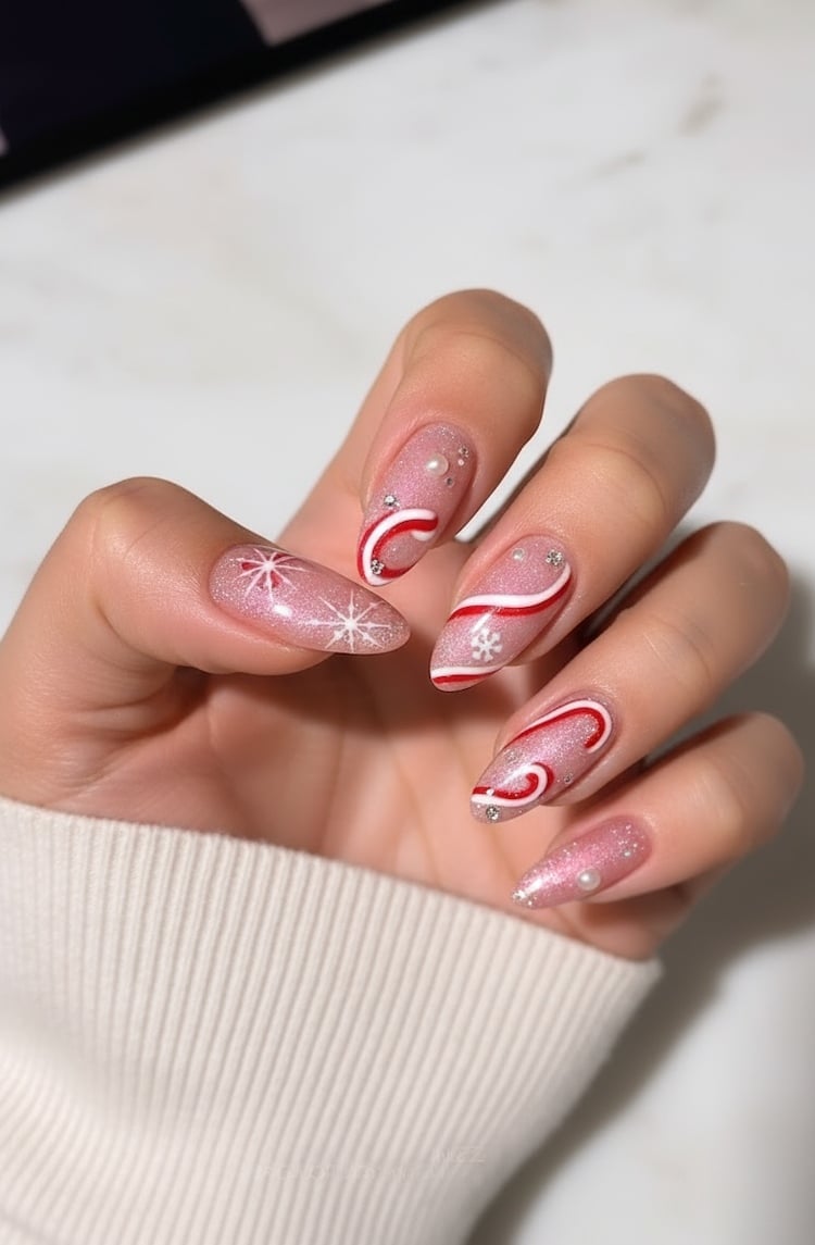 Pink Glitter Base Spiral Snowflake Pearl Nails Pink Glitter Base Spiral Snowflake Pearl Nails — Candy Cane Nails