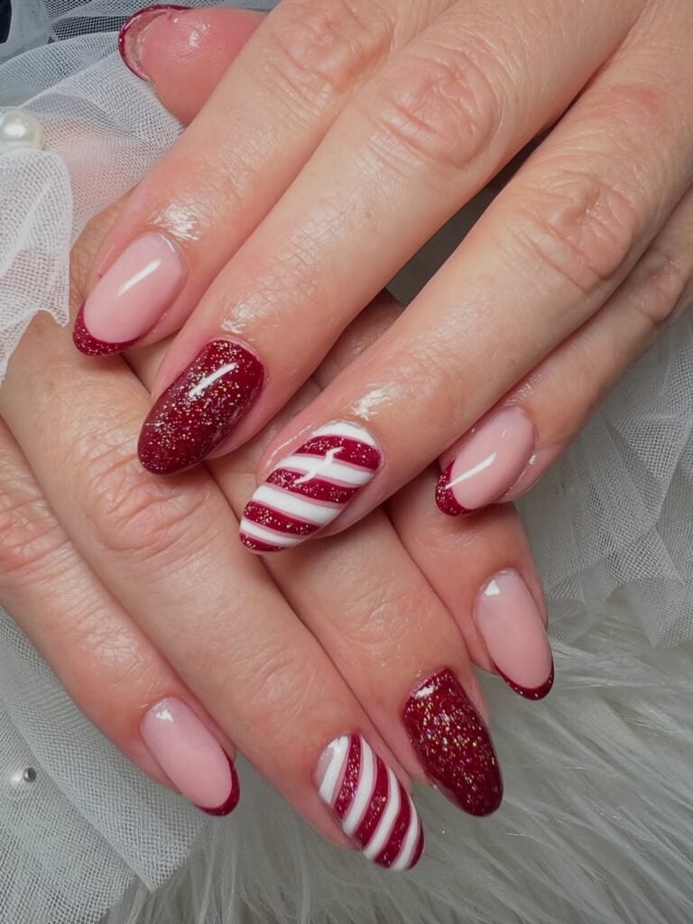 Long Square Holly Berry Candy Cane Nails Long Square Holly Berry Candy Cane Nails