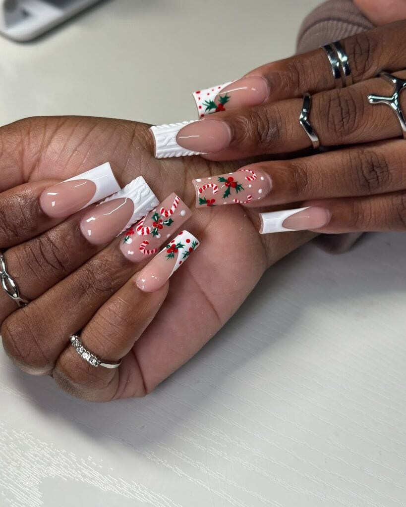 Long Square Holly Berry Candy Cane French Nails, Glossy Long Square Holly Berry Candy Cane French Nails, Glossy — Candy Cane Nails