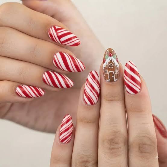 Long Stiletto Gingerbread House Candy Cane Nails Long Stiletto Gingerbread House Candy Cane Nails