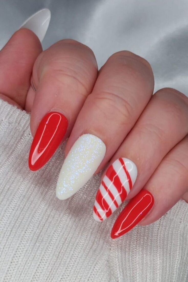 Long Stiletto Solid Red Stripe Glitter Nails Long Stiletto Solid Red Stripe Glitter Nails — Candy Cane Nails