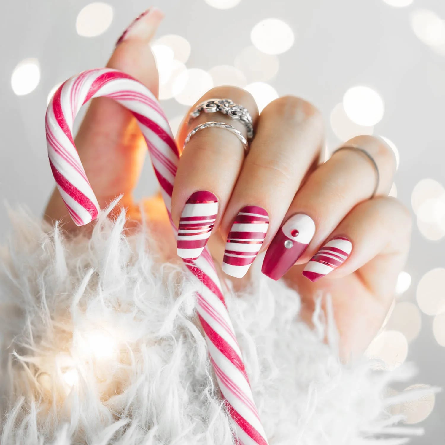 Deep Red and White Striped Medium Almond Nails Deep Red and White Striped Medium Almond Nails — Candy Cane Nails