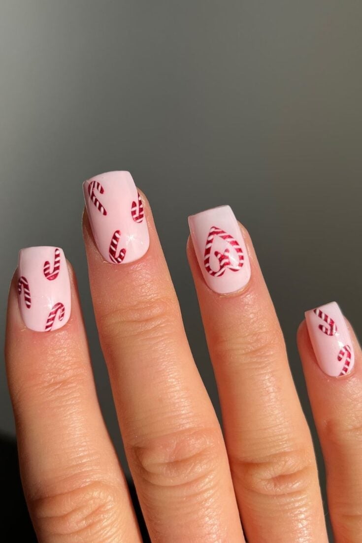 Pale Pink Base Candy Cane Heart Nails Pale Pink Base Candy Cane Heart Nails — Candy Cane Nails