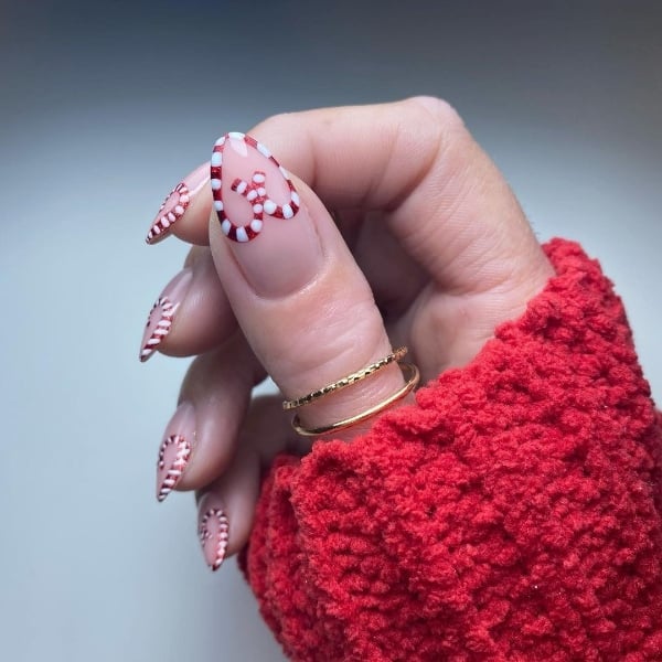 Nude Base Short Almond Candy Cane Art Nails Nude Base Short Almond Candy Cane Art Nails — Candy Cane Nails