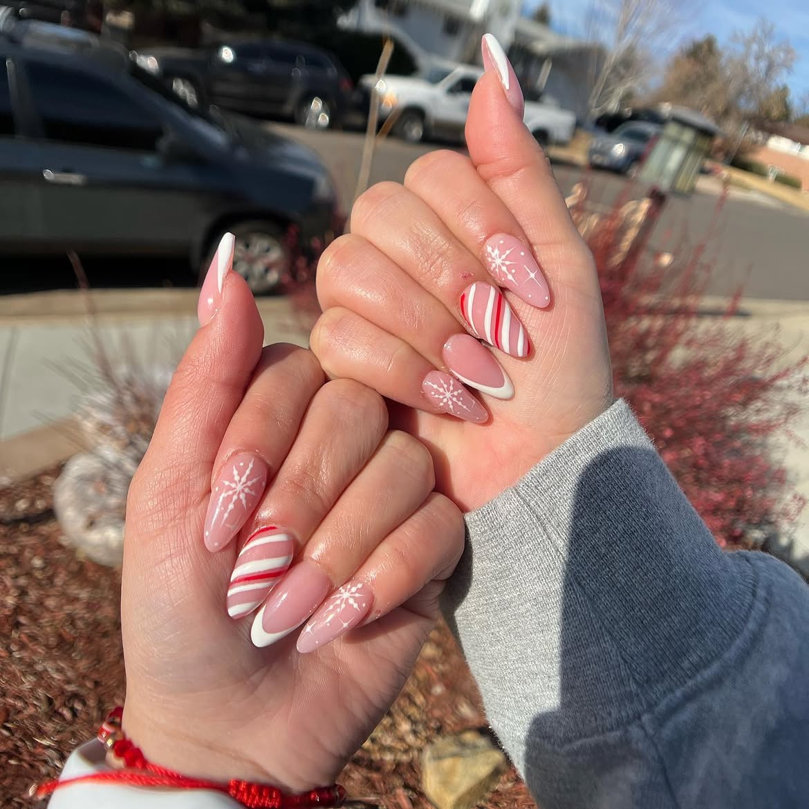 Candy Cane Snowflake French Almond Nails