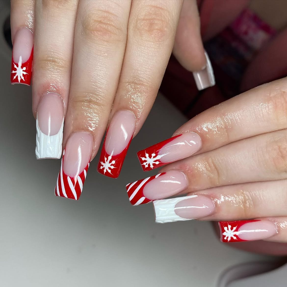 Candy Cane Snowflake Sweater French Tips
