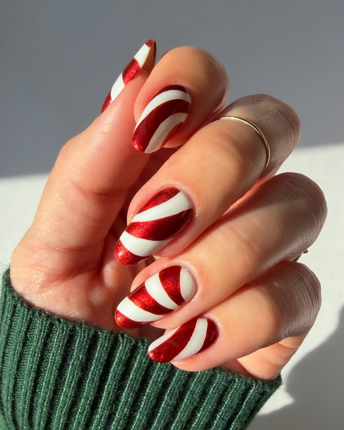 Candy Cane Sparkle Almond Christmas Nails
