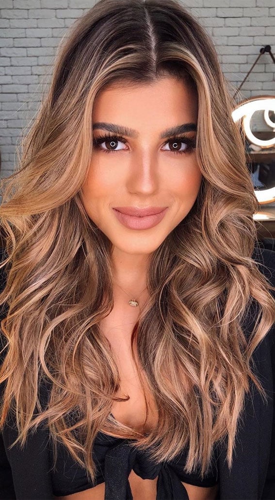 Long Chocolate Brown With Striking Caramel Highlights — Caramel Brown Hair