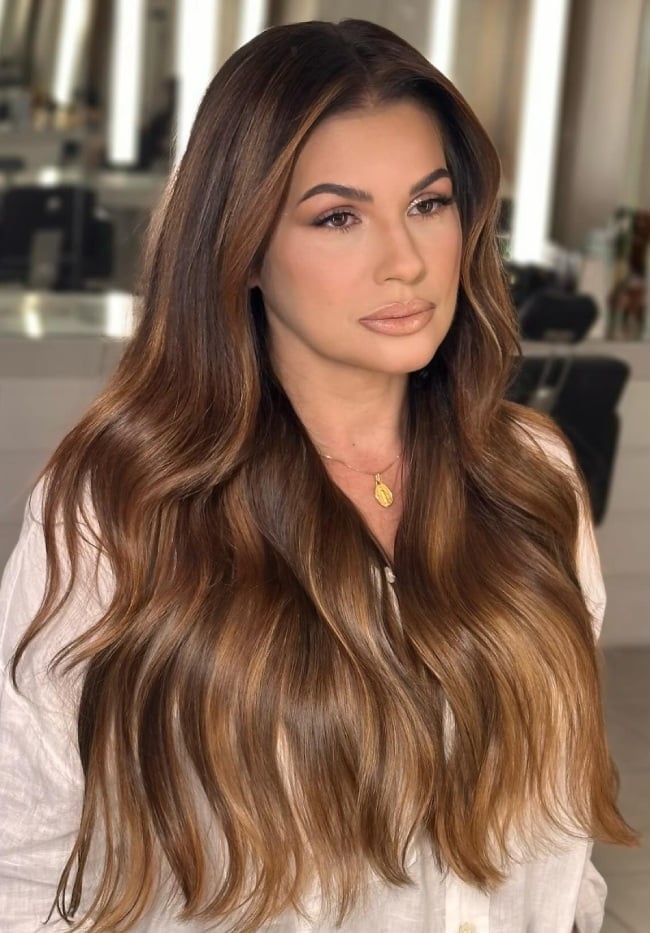 Mid-Back Brown With Caramel Balayage — Caramel Brown Hair