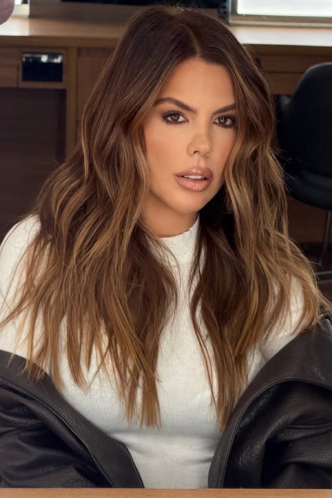 Collarbone Layers With Soft Caramel Balayage — Caramel Brown Hair