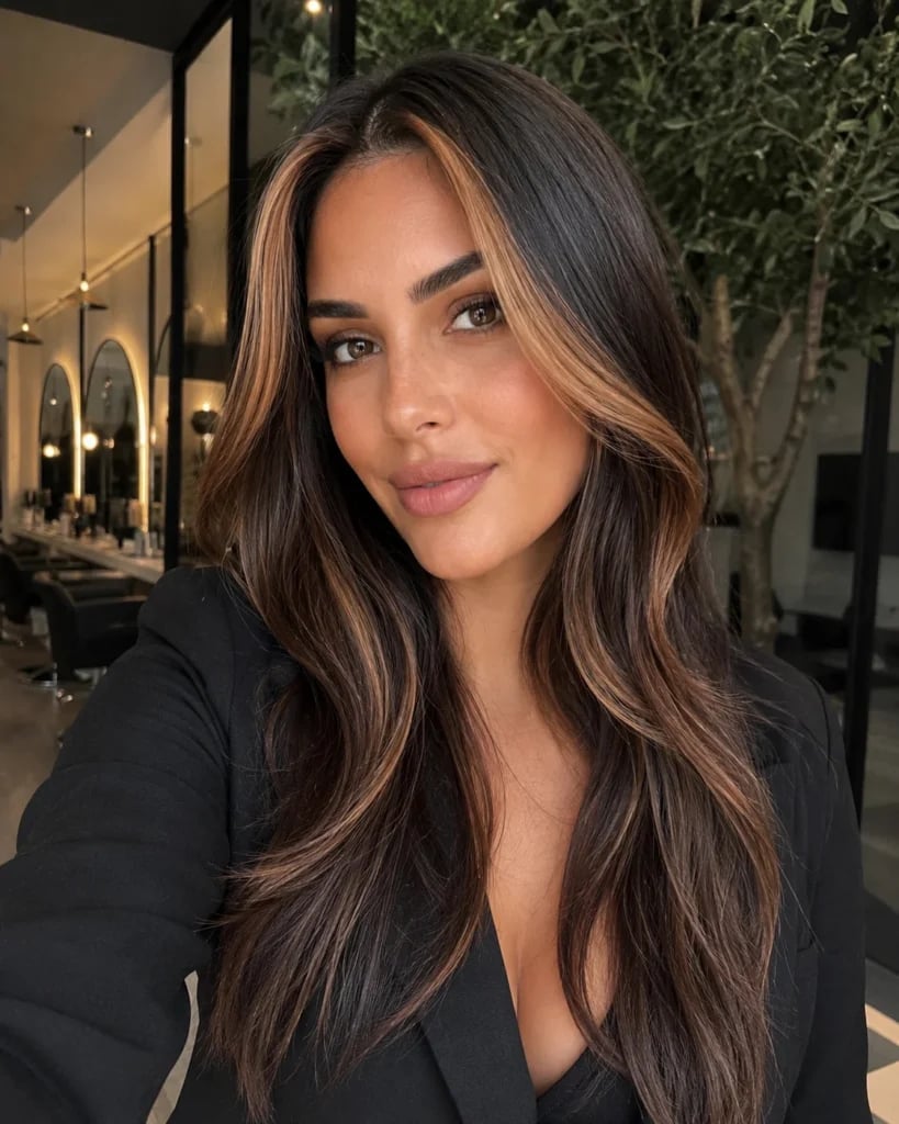 Long Dark Brown With Prominent Caramel Highlights — Caramel Brown Hair