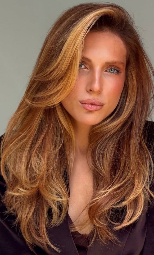 Mid-Back With Blonde Money Piece — Caramel Brown Hair