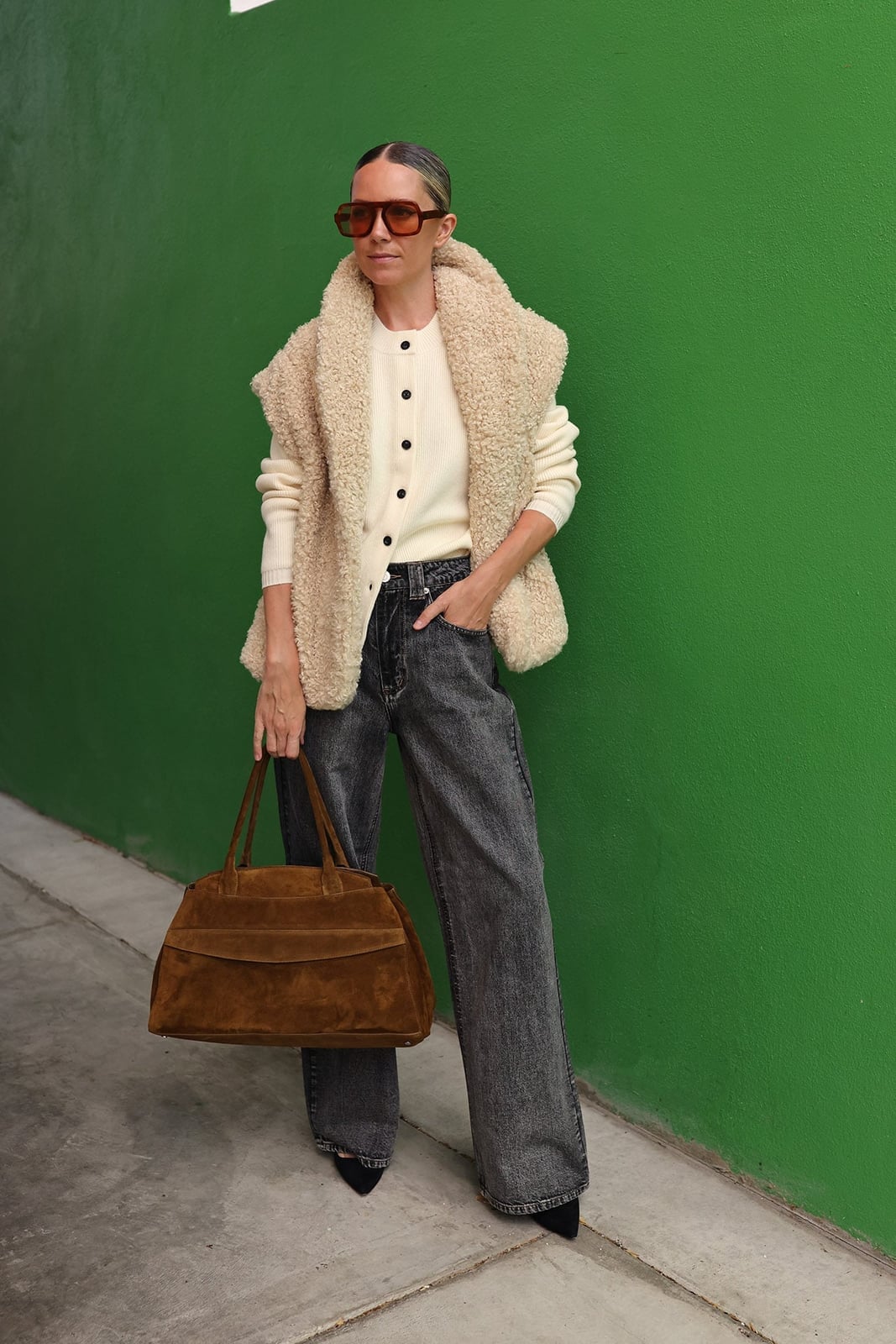 Cream Cardigan Layered Under a Fuzzy Vest — Cardigan Outfits Ideas