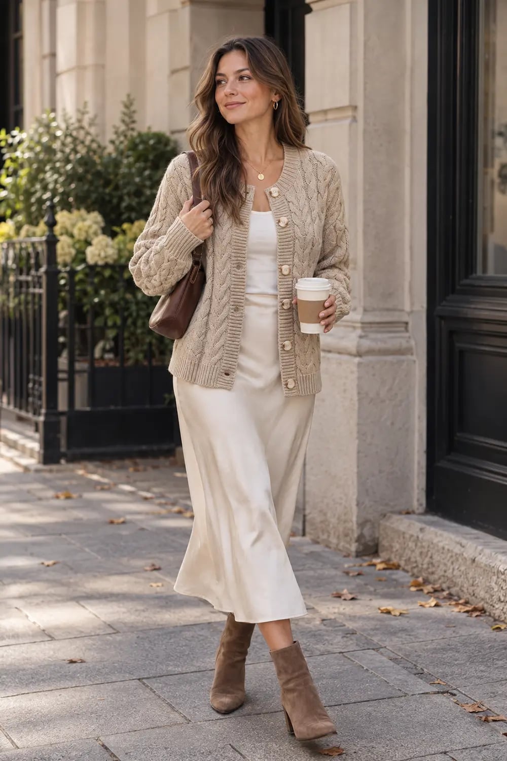 Chunky Beige Cardigan Over a Satin Slip Dress — Cardigan Outfits Ideas