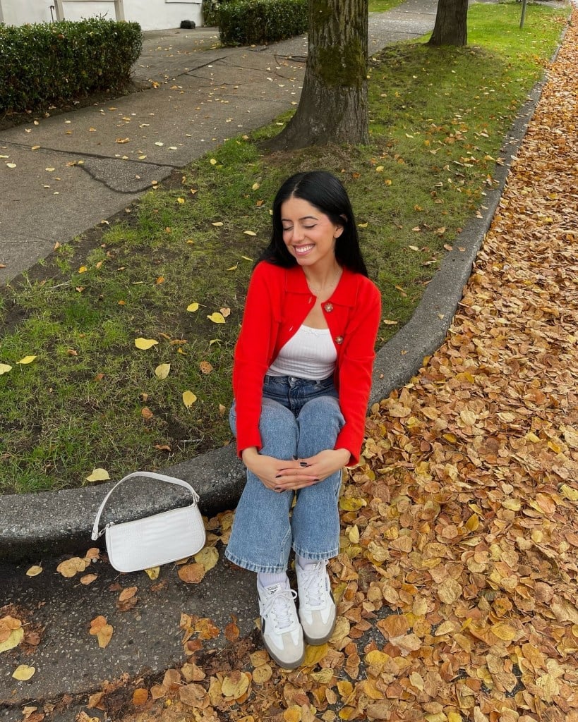 Red Cropped Cardigan with Gold Buttons — Cardigan Outfits Ideas