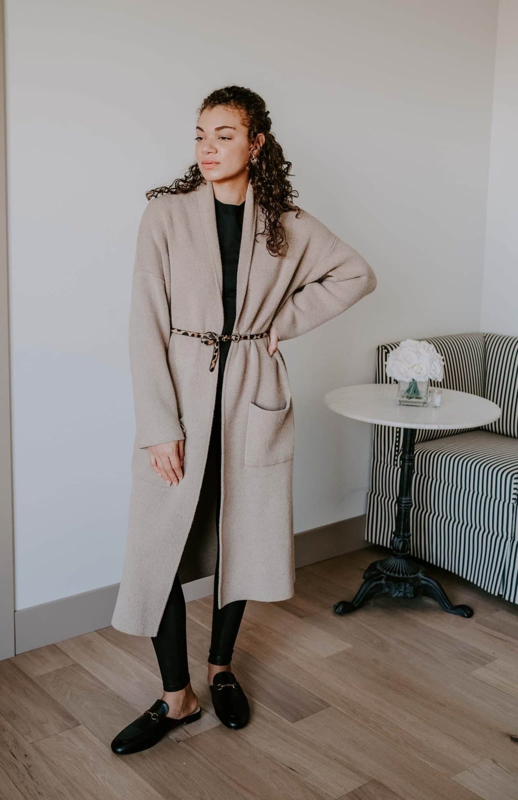 Beige Longline Cardigan with Leopard Print Belt — Cardigan Outfits Ideas