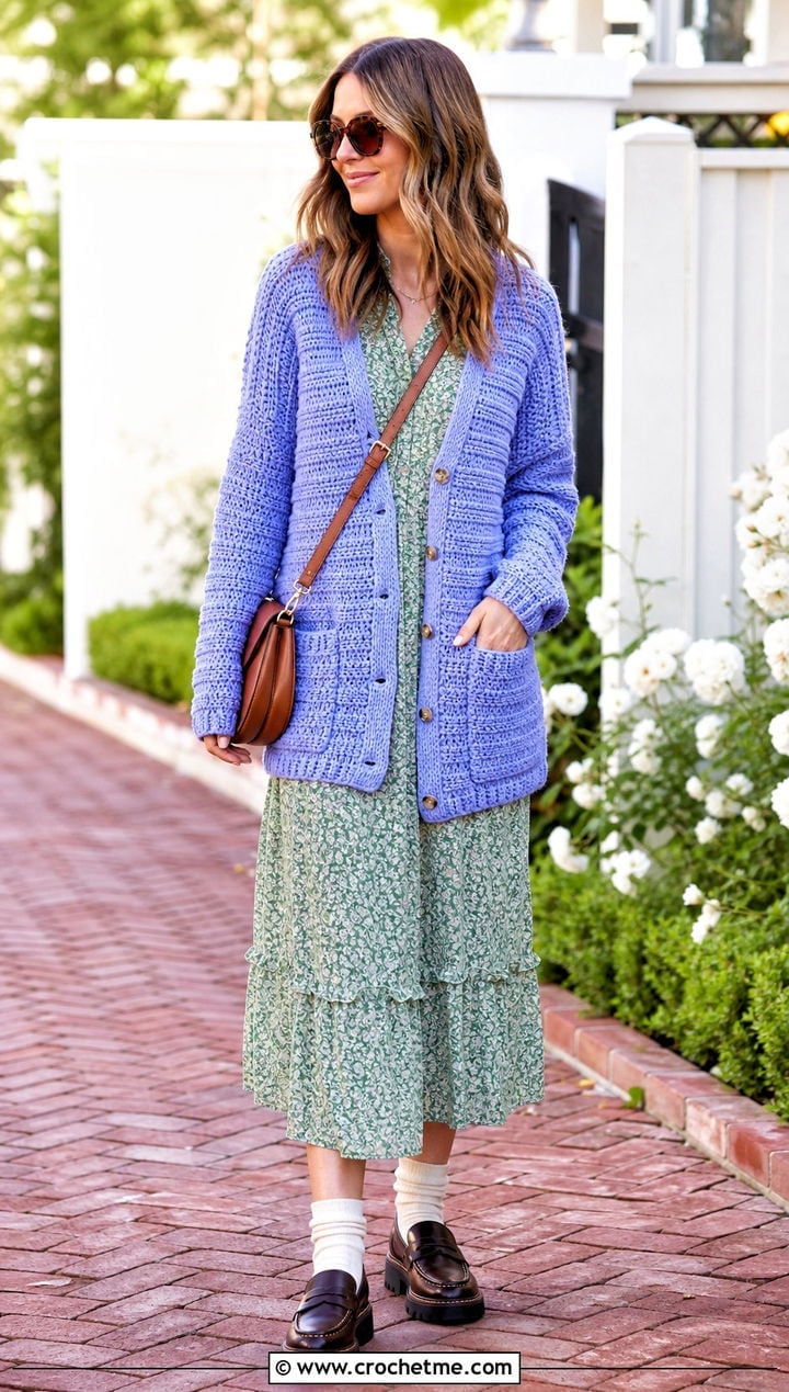 Purple Crochet Cardigan with a Floral Dress — Cardigan Outfits Ideas
