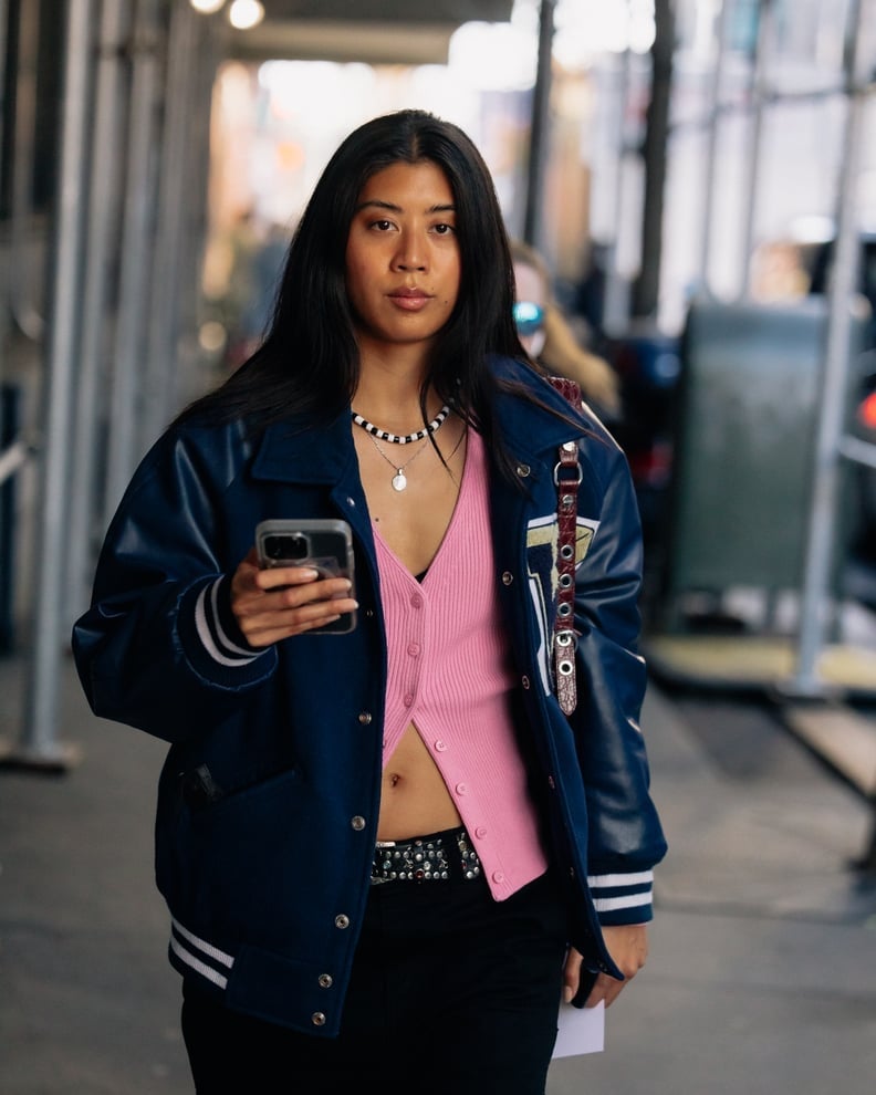 Pink Cropped Cardigan Under a Bomber Jacket — Cardigan Outfits Ideas
