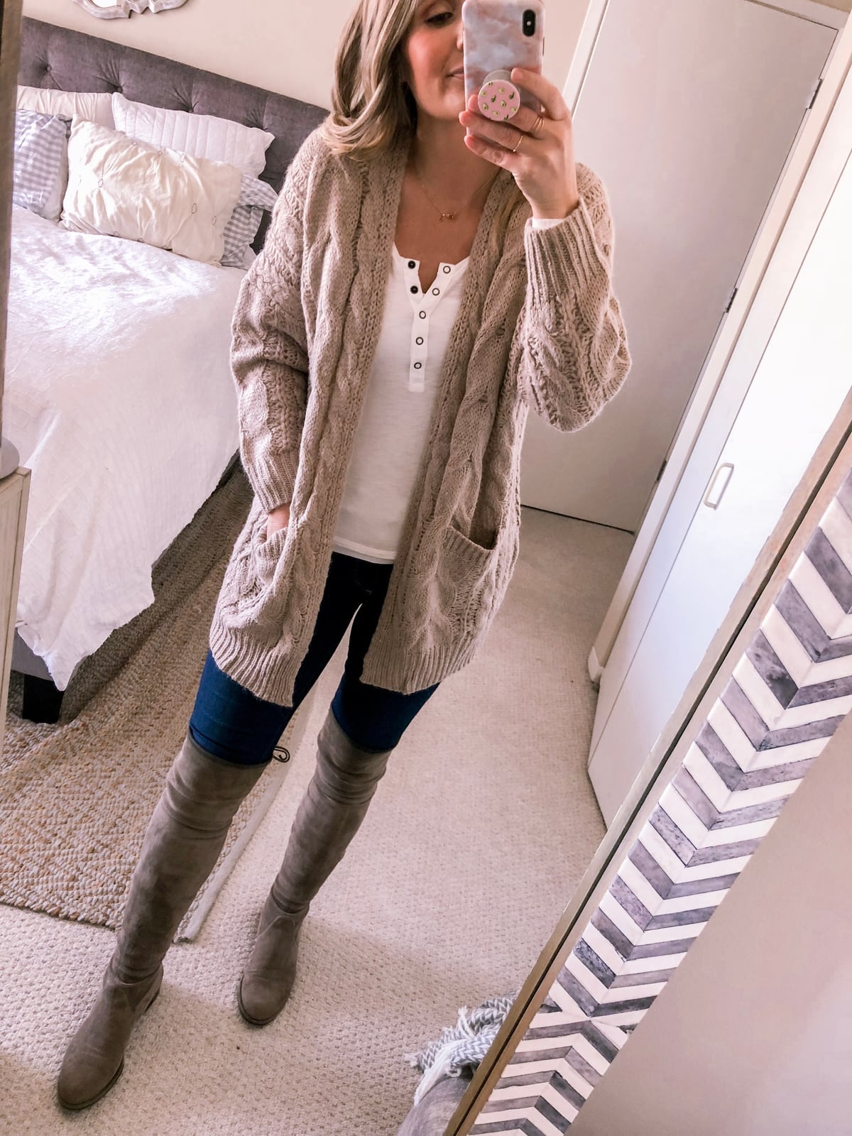 Beige Chunky Cardigan with Over-The-Knee Boots — Cardigan Outfits Ideas