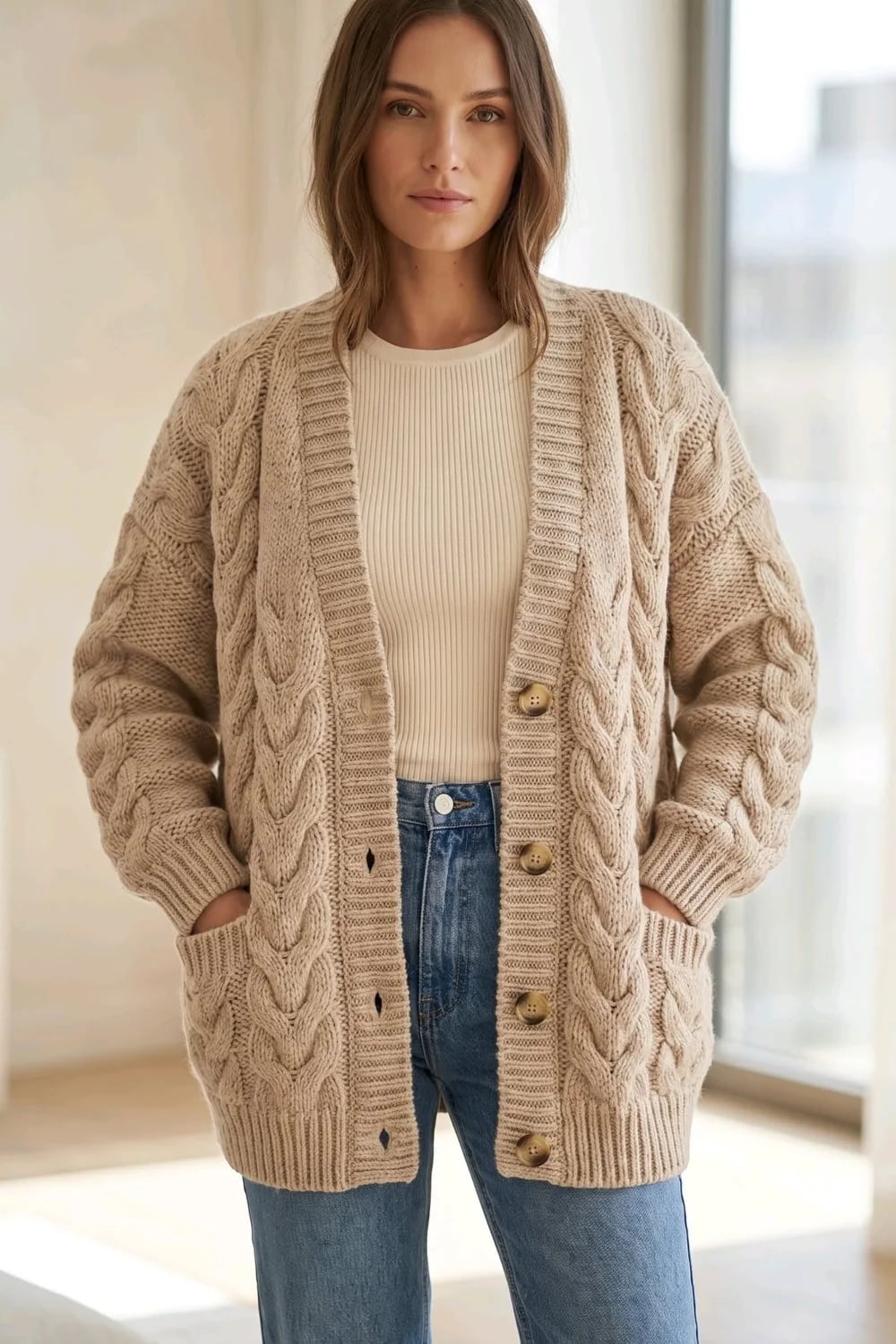 Beige Cable Knit Cardigan with Textured Depth — Cardigan Outfits Ideas