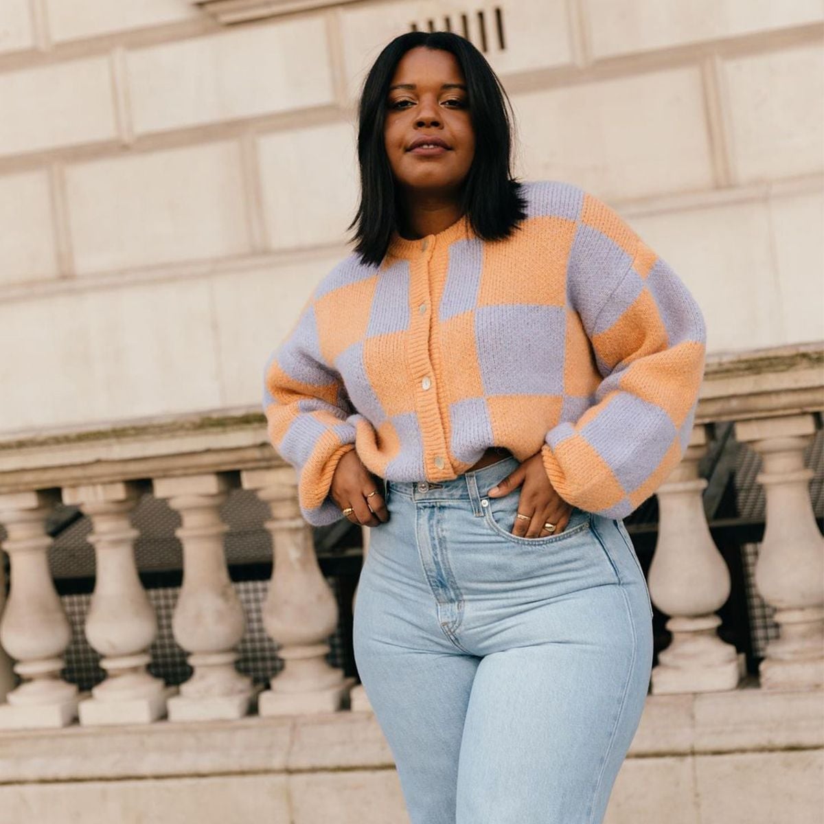 Orange Lilac Checkerboard Cardigan with Balloon Sleeves — Cardigan Outfits Ideas