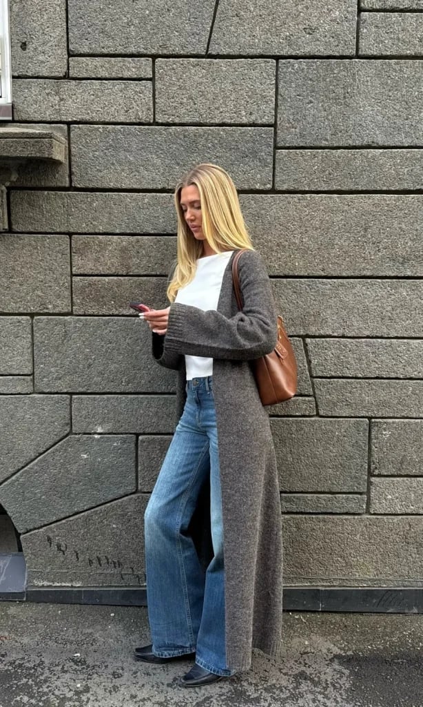 Gray Longline Cardigan with Wide-Leg Jeans — Cardigan Outfits Ideas