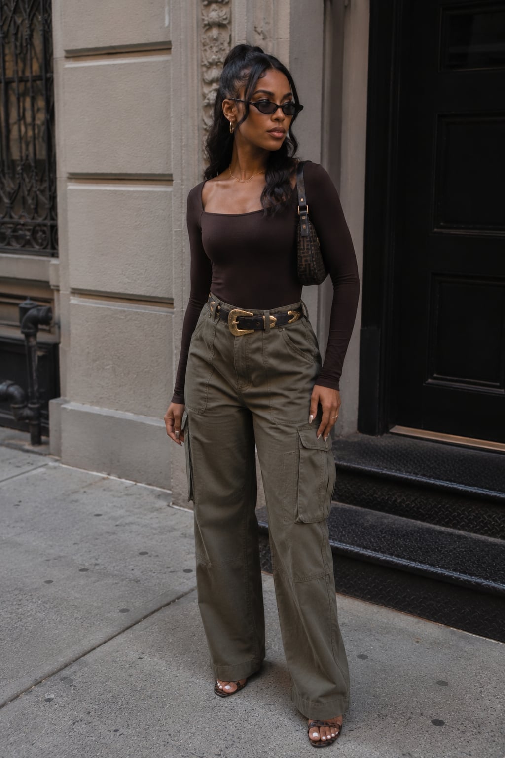Olive Green High-Waisted Cargo Pants with Bodysuit and Heeled Sandals Olive Green High-Waisted Cargo Pants with Bodysuit and Heeled Sandals — Cargo Pants Outfits