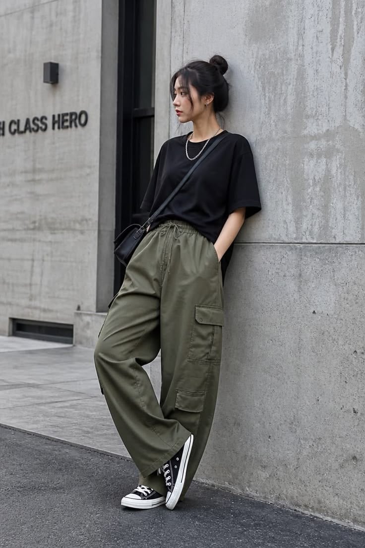Olive Green Wide-Leg Cargo Pants with Black T-Shirt and Sneakers Olive Green Wide-Leg Cargo Pants with Black T-Shirt and Sneakers — Cargo Pants Outfits