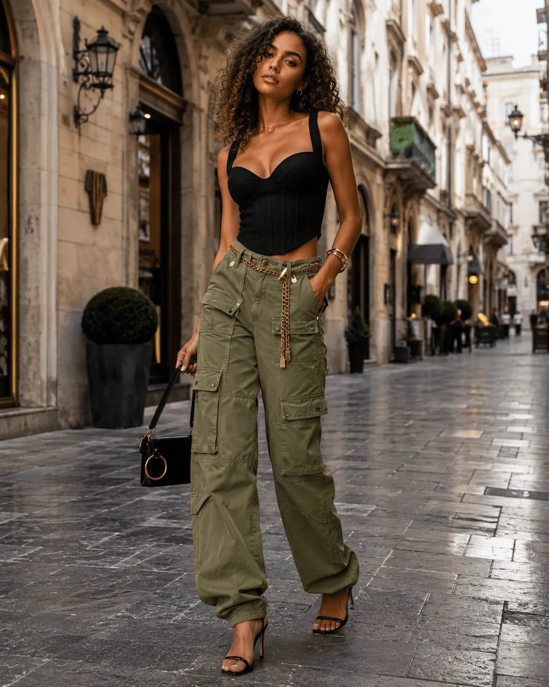 Olive Green Wide-Leg Cargo Pants with a Black Corset Top and Heels Olive Green Wide-Leg Cargo Pants with a Black Corset Top and Heels — Cargo Pants Outfits