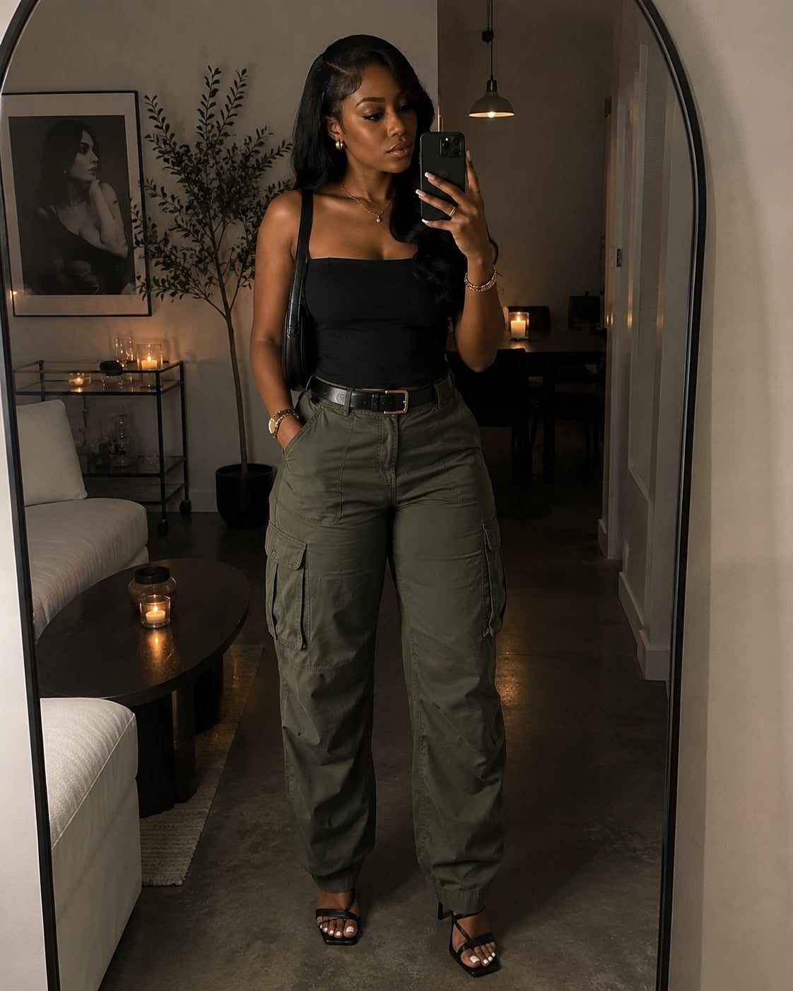 Olive Green Cargo Pants with Black Bodysuit and Heeled, Close-Up Take Olive Green Cargo Pants with Black Bodysuit and Heeled, Close-Up Take — Cargo Pants Outfits