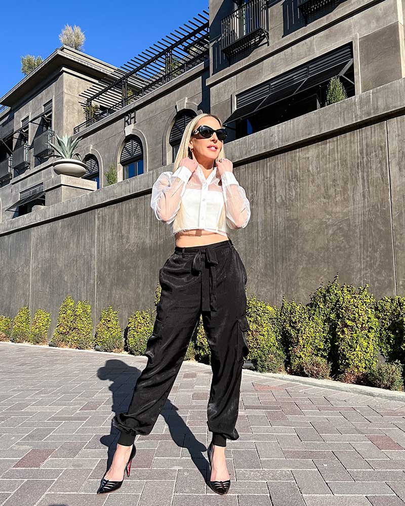 Black Satin Cargo Pants with Sheer Shirt and Pointed Heels Black Satin Cargo Pants with Sheer Shirt and Pointed Heels — Cargo Pants Outfits