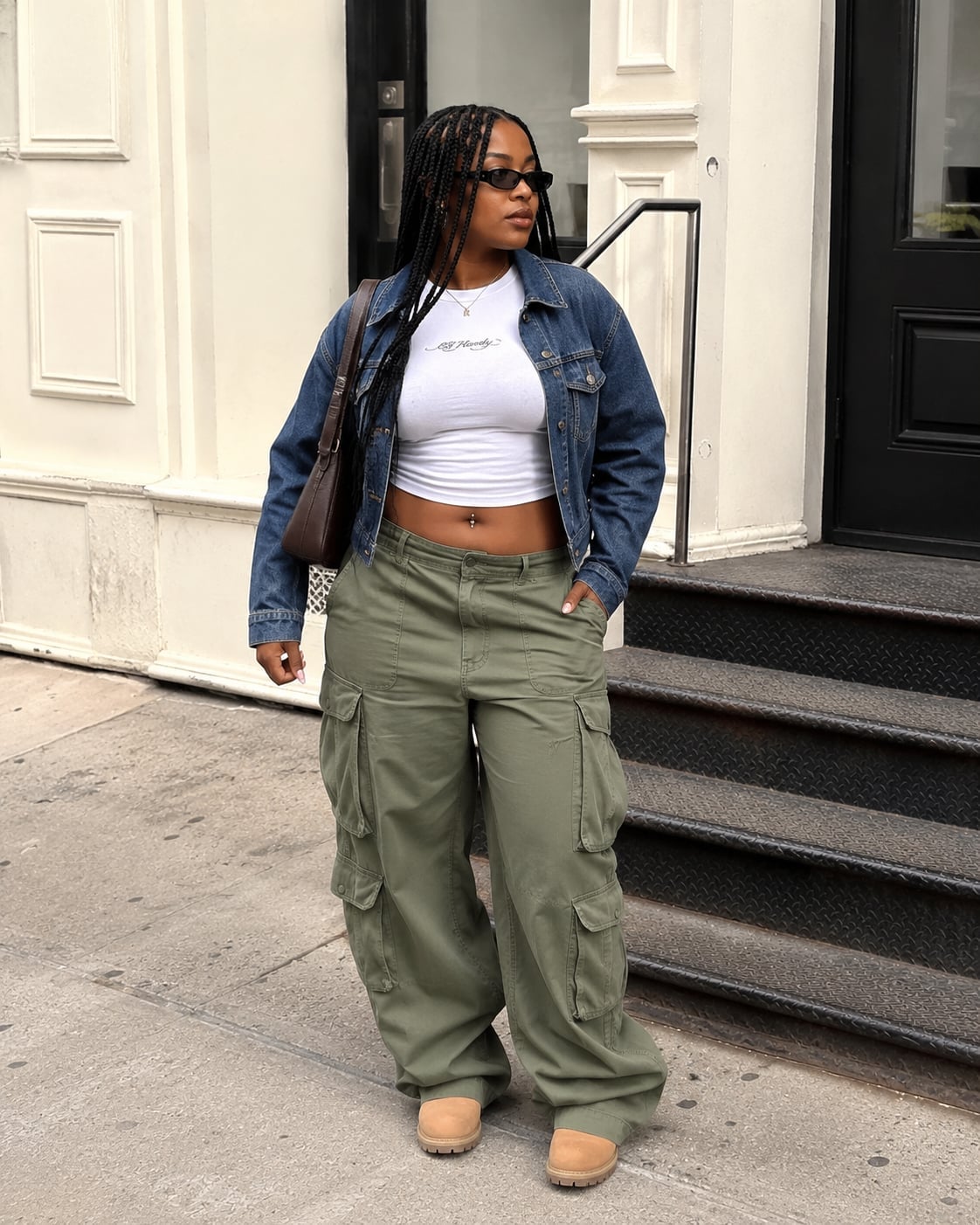 Olive Green Baggy Cargo Pants with a Denim Jacket and Work Boots Olive Green Baggy Cargo Pants with a Denim Jacket and Work Boots — Cargo Pants Outfits
