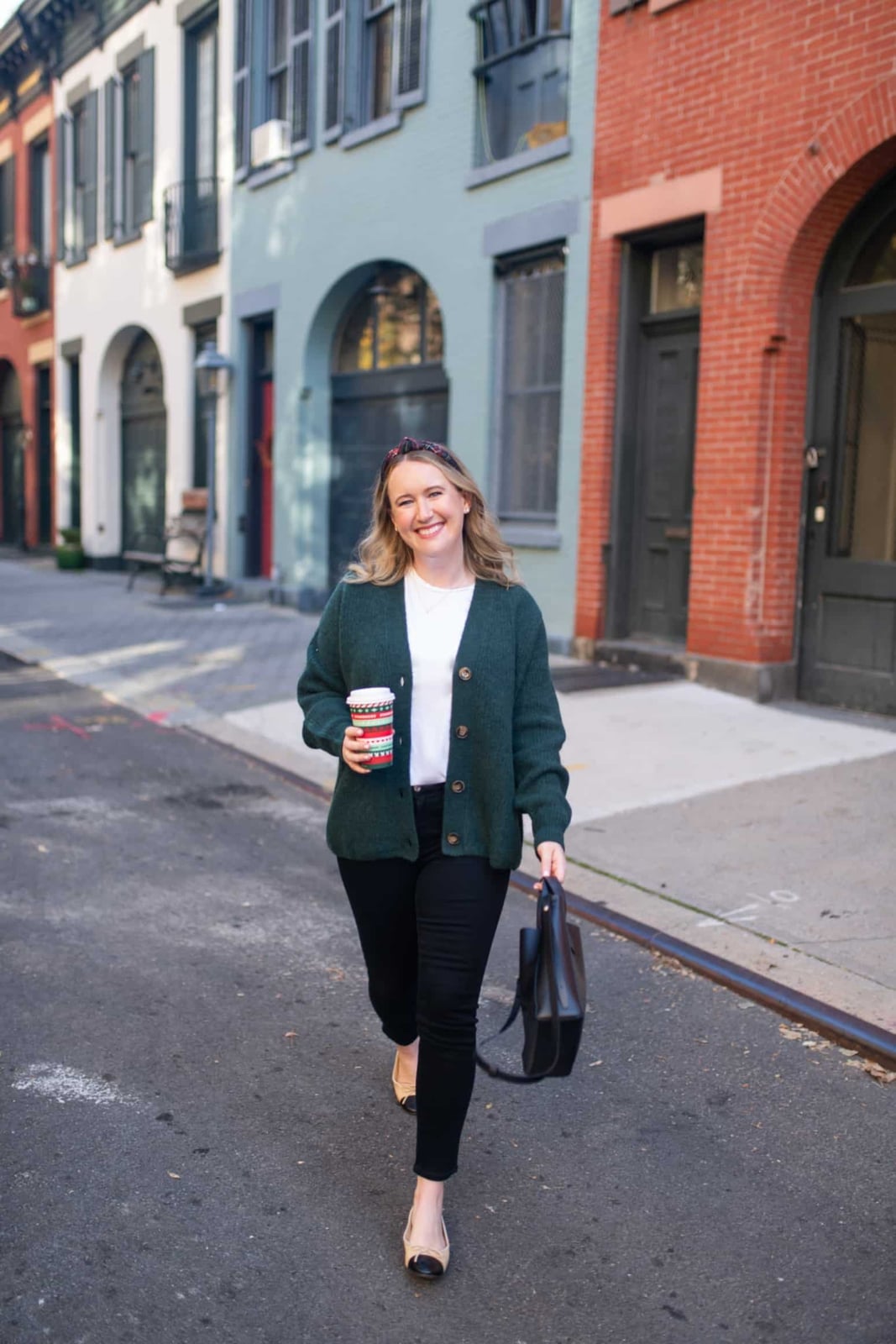 Green Cardigan Over White T-Shirt — Casual Christmas Outfits