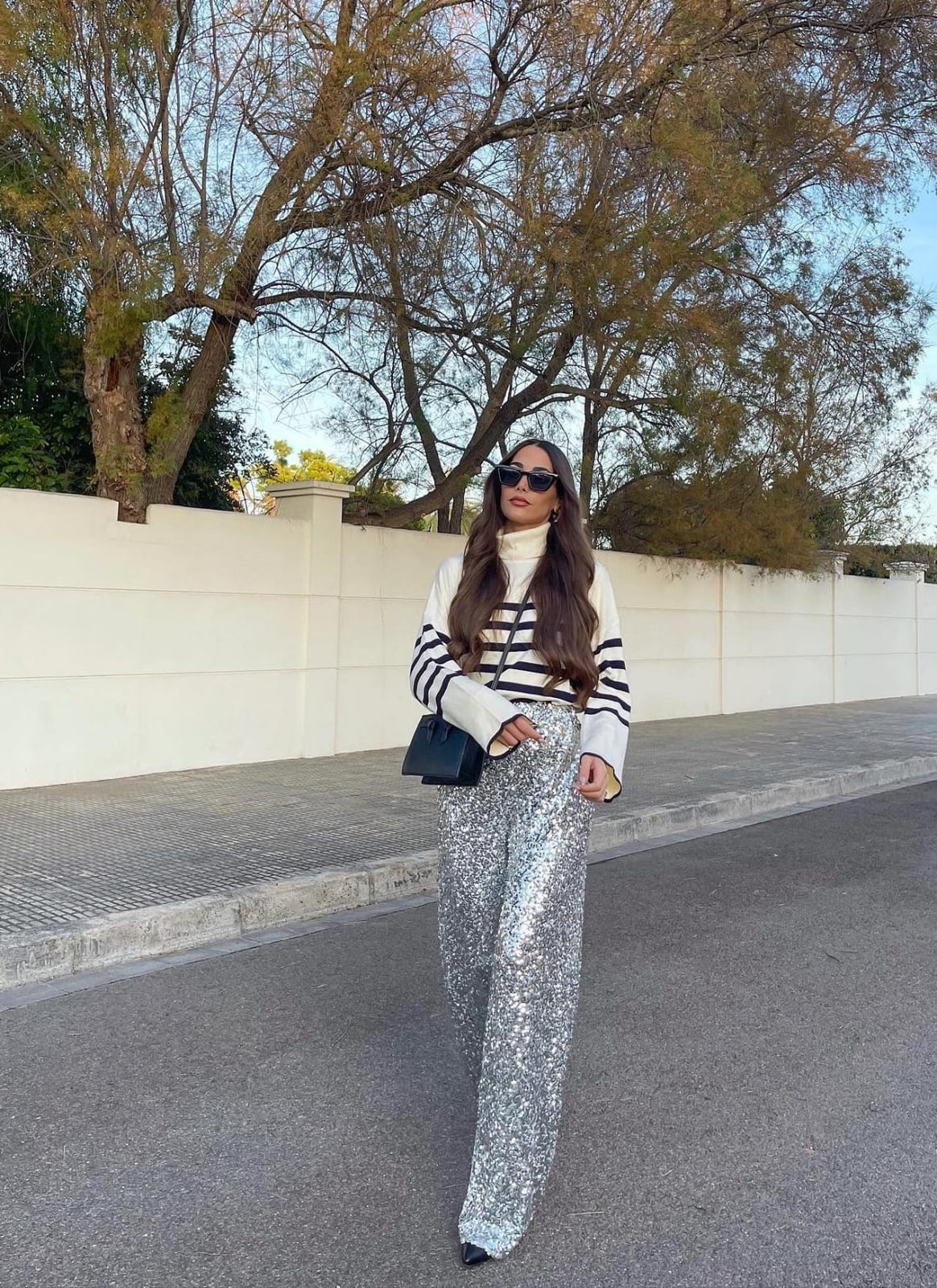 Striped Turtleneck With Sequin Pants — Casual Christmas Outfits
