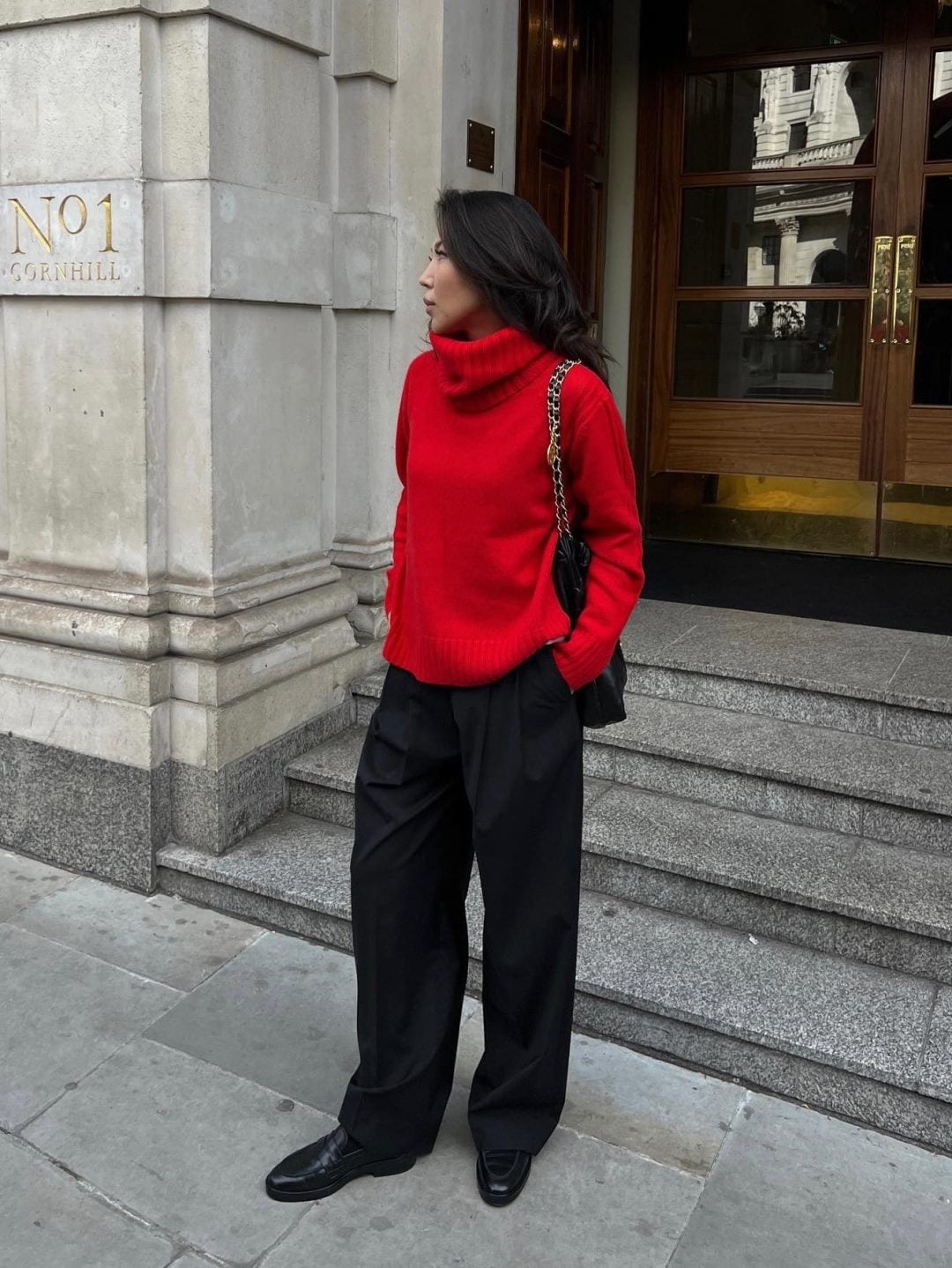 Red Turtleneck With Black Wide-Leg Trousers — Casual Christmas Outfits