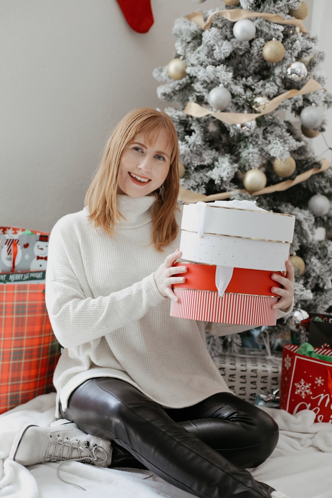 Cream Waffle Knit Sweater With Faux Leather Leggings — Casual Christmas Outfits