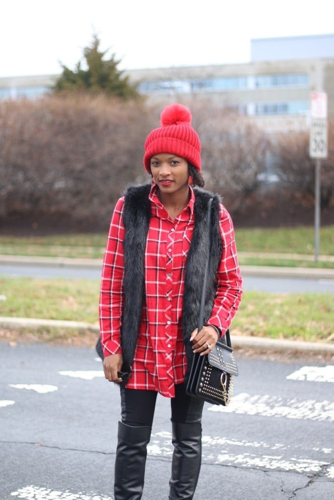 Plaid Shirt With Faux Fur Vest — Casual Christmas Outfits