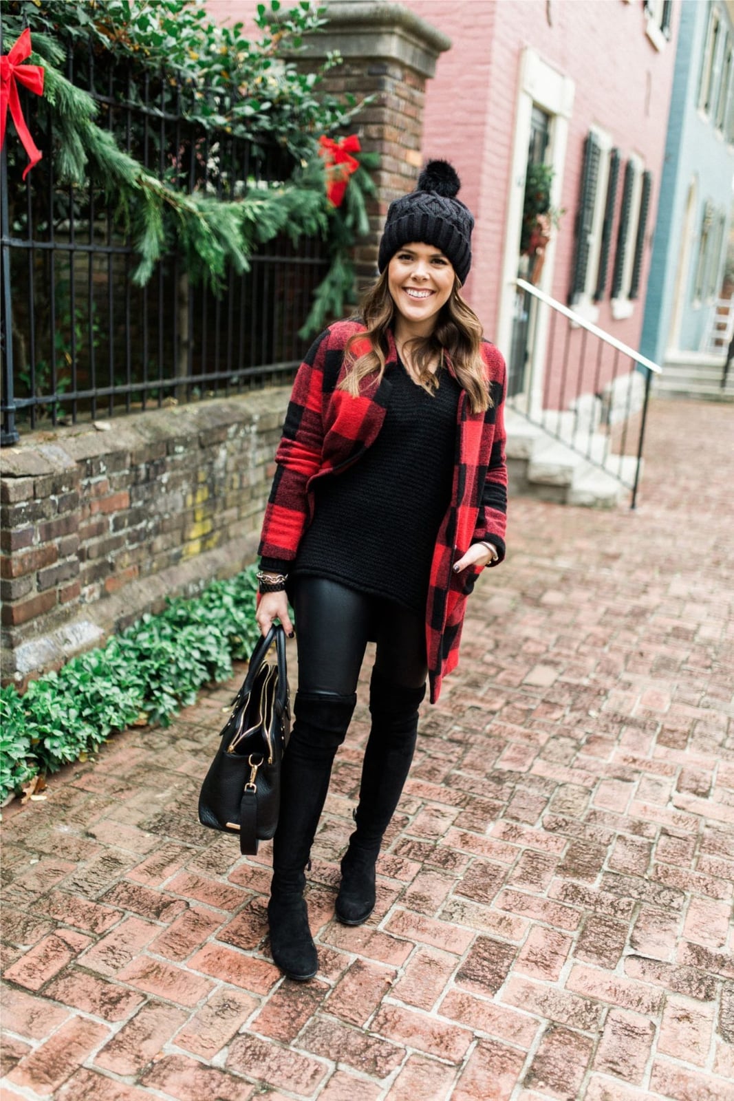 Plaid Coat Over Black Sweater — Casual Christmas Outfits