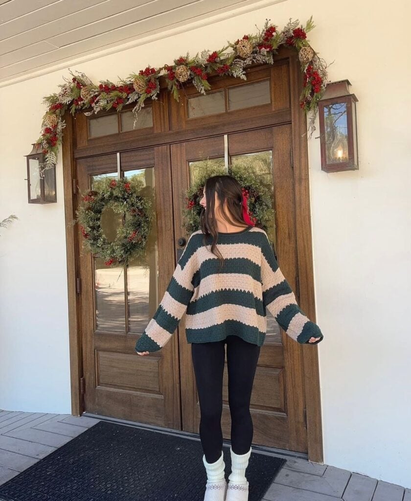 Striped Knit Sweater With Fuzzy Slippers — Casual Christmas Outfits
