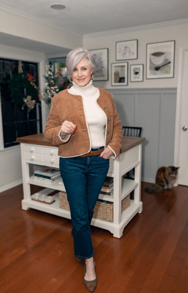 Teddy Jacket Over Turtleneck — Casual Christmas Outfits