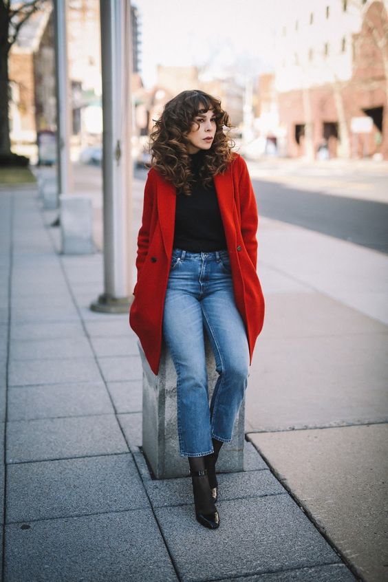 Bright Red Wool Coat With Jeans — Casual Christmas Outfits