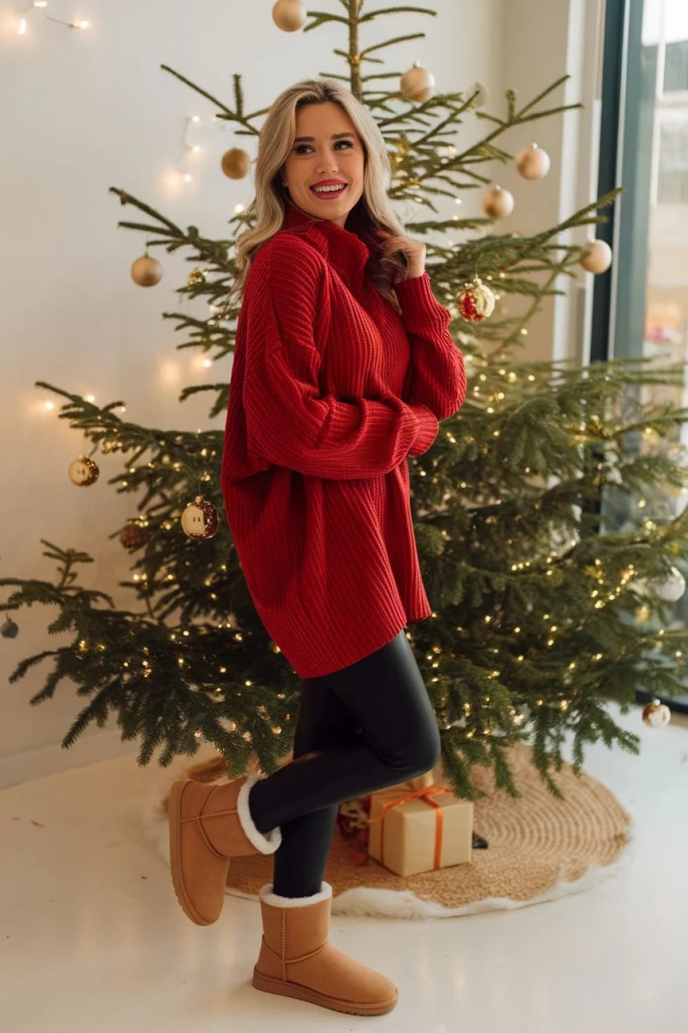 Oversized Red Sweater With Leggings — Casual Christmas Outfits